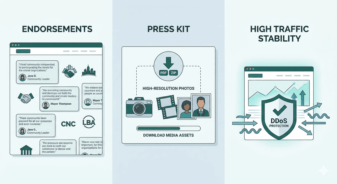 Press kit, endorsements, and election-night reliability